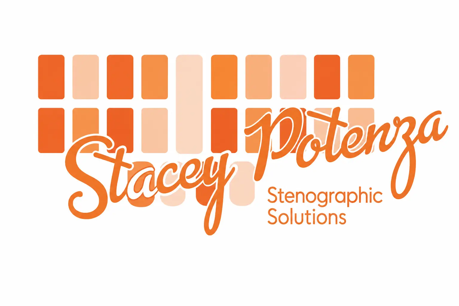 Stylized stenographic keyboard in shades of orange with the words Stacey Potenza Stenographic Solutions overlaid
