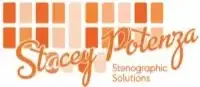 Stylized stenographic keyboard in shades of orange with the words Stacey Potenza Stenographic Solutions overlaid